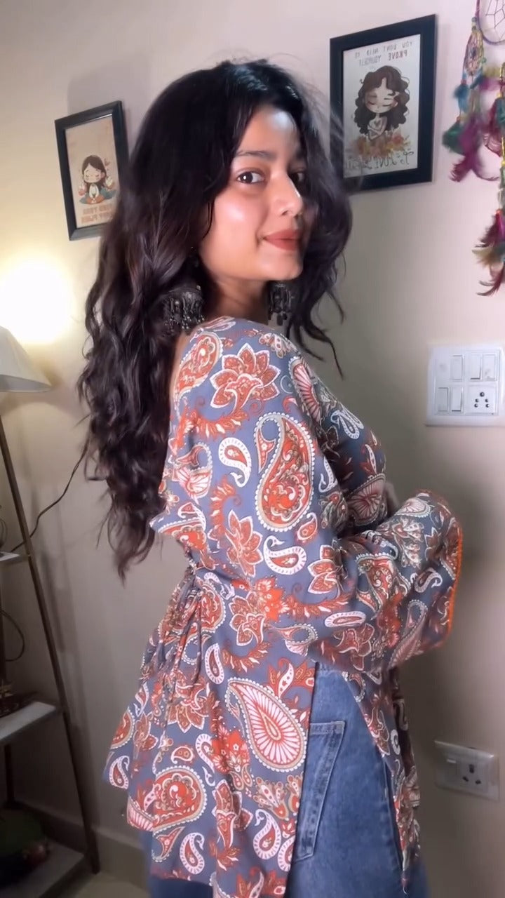 Women's Kurti Top with Boho Chic Paisley and Floral Print