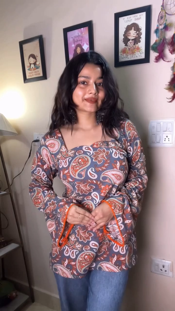 Women's Kurti Top with Boho Chic Paisley and Floral Print