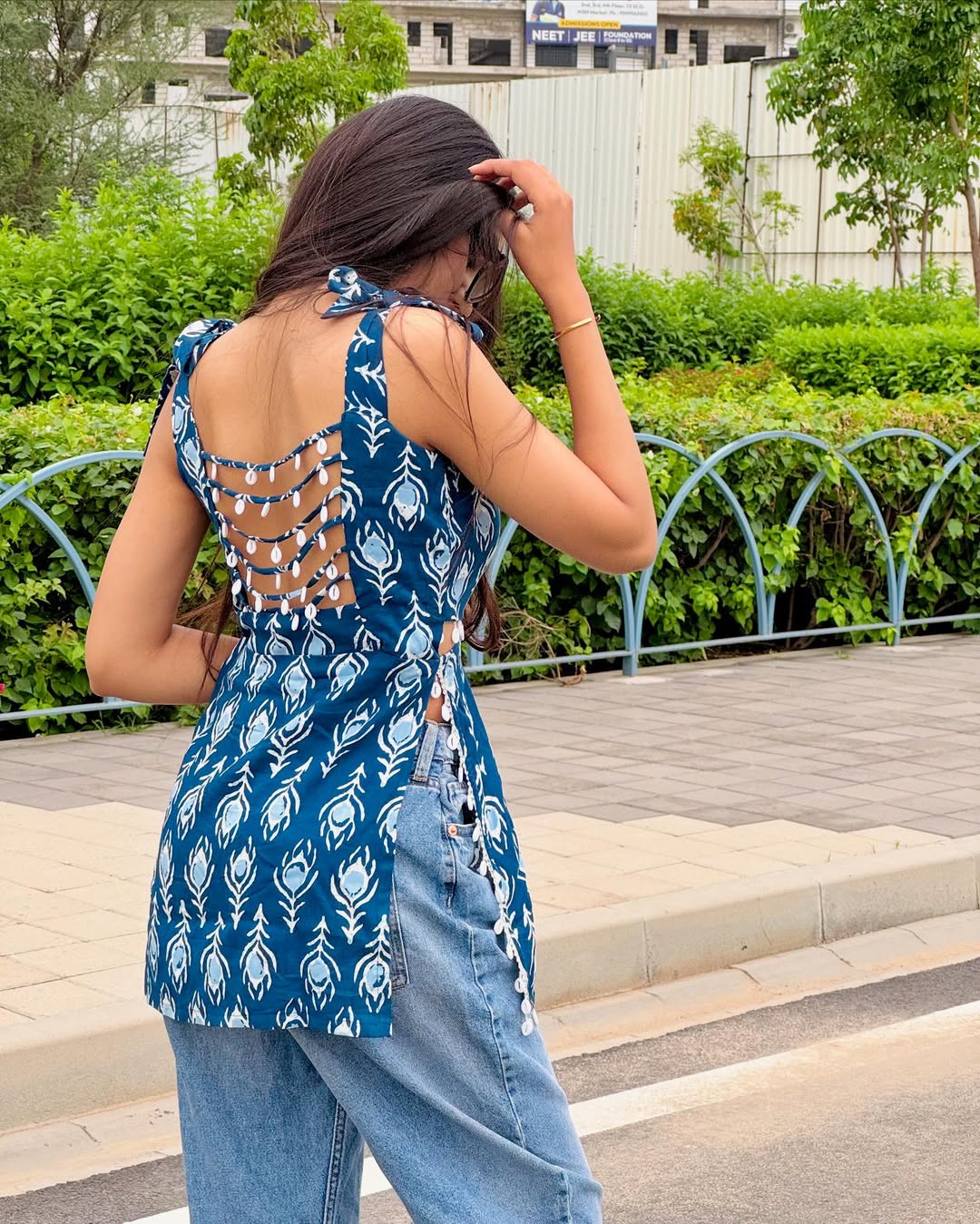 Perfect Trendy Blue Cotton Printed Sleeveless Dress with Side Cut Design