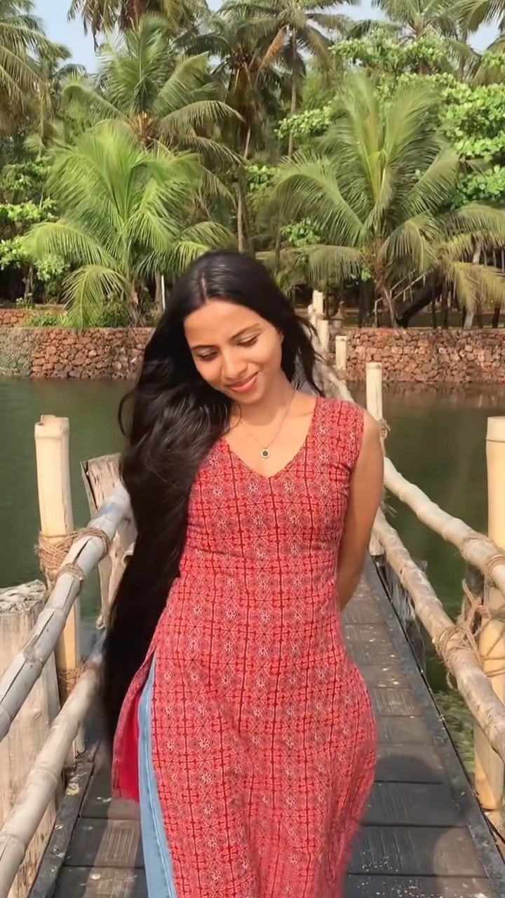 Sleeveless Red Kurti with Traditional Prints Graceful Indian Ethnic Wear for Women