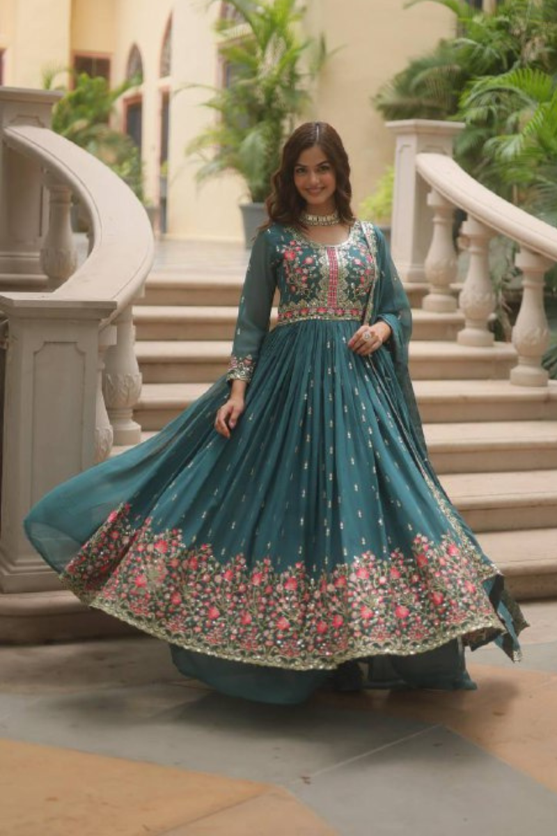 Teal Faux Georgette Gown With Dupatta Embroidered