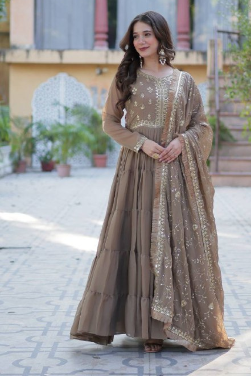 Beige Star Georgette Dress with Embroidered Dupatta