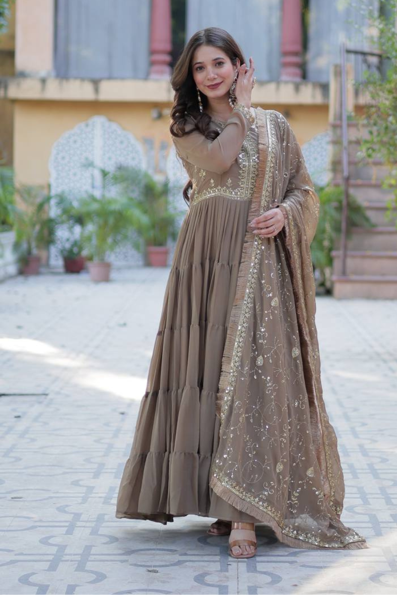 Beige Star Georgette Dress with Embroidered Dupatta