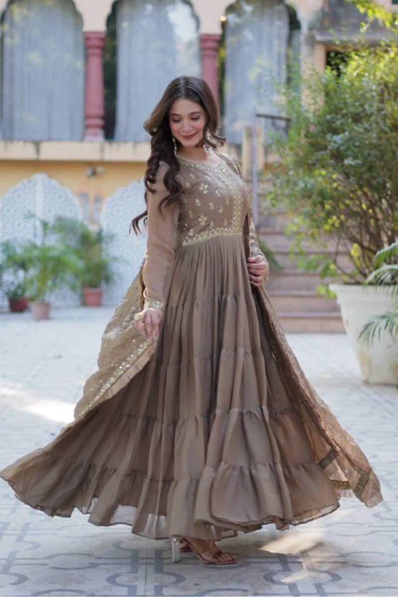 Beige Star Georgette Dress with Embroidered Dupatta