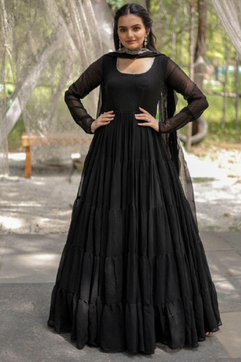 Full-flared, faux-flowering black gown with dupatta