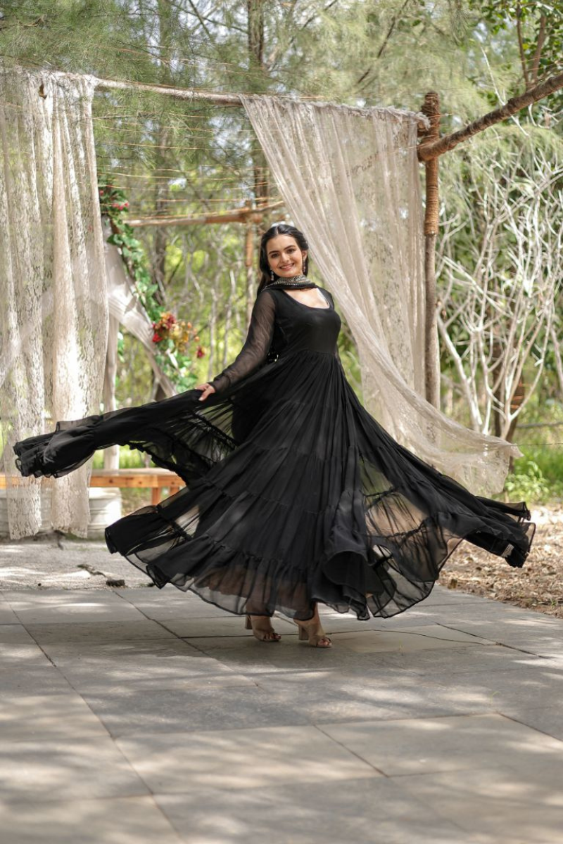 Full-flared, faux-flowering black gown with dupatta