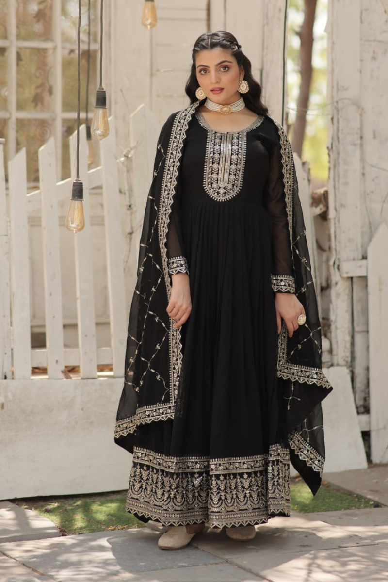 Black Fake Blooming Gown with Embroidered Dupatta