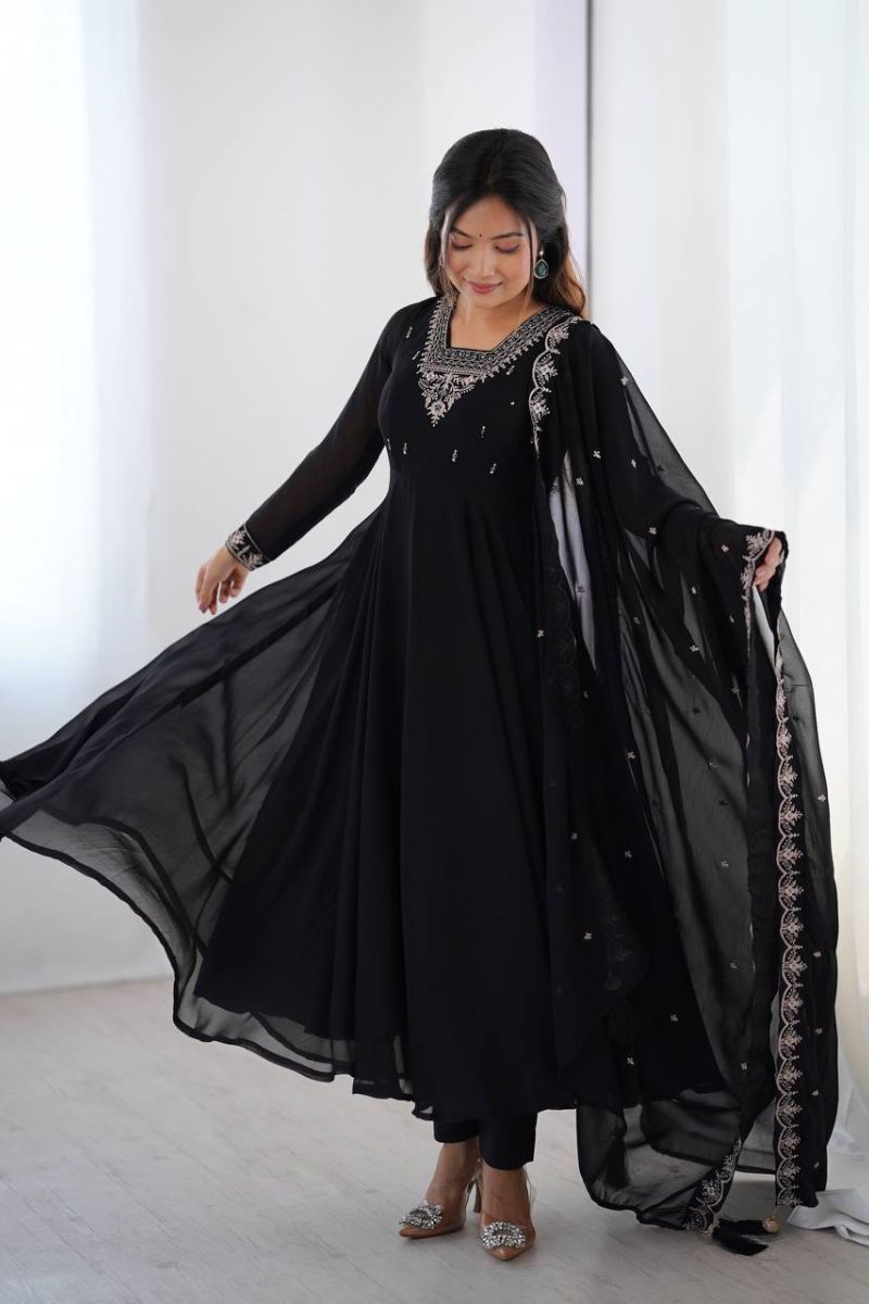 Anarkali Gown Dupatta Suit Set in Black, Heavy, and Exceptionally Soft Georgette