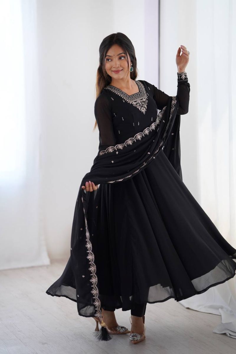 Anarkali Gown Dupatta Suit Set in Black, Heavy, and Exceptionally Soft Georgette