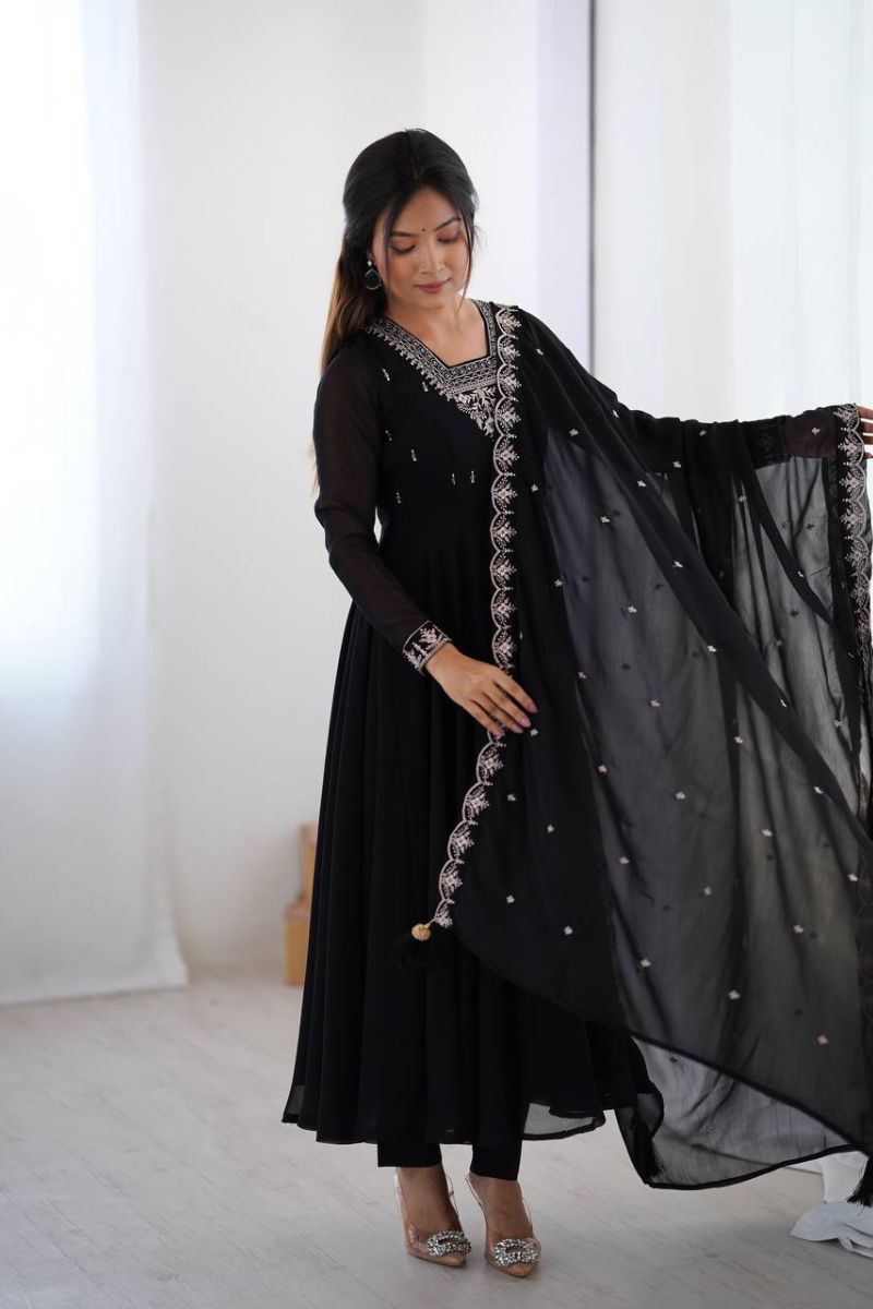 Anarkali Gown Dupatta Suit Set in Black, Heavy, and Exceptionally Soft Georgette