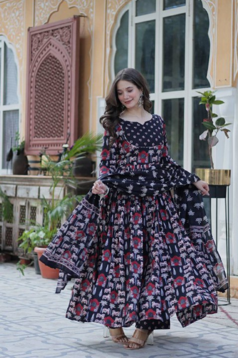 Anarkali gown made of black pure cotton with a dupatta and pants
