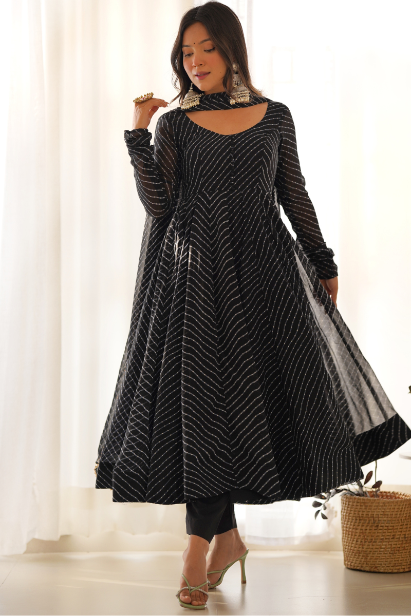 Gown with Dupatta in Black Pure Fox Georgette Fabric