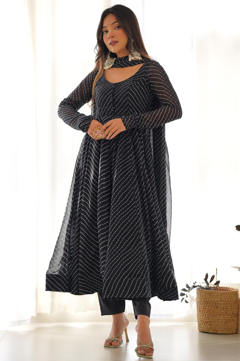 Gown with Dupatta in Black Pure Fox Georgette Fabric