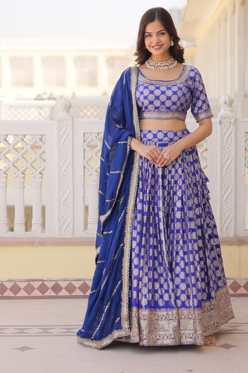 Dark Blue Lehanga Choli Dupatta Set with Pure Dyable Viscose Jacquard