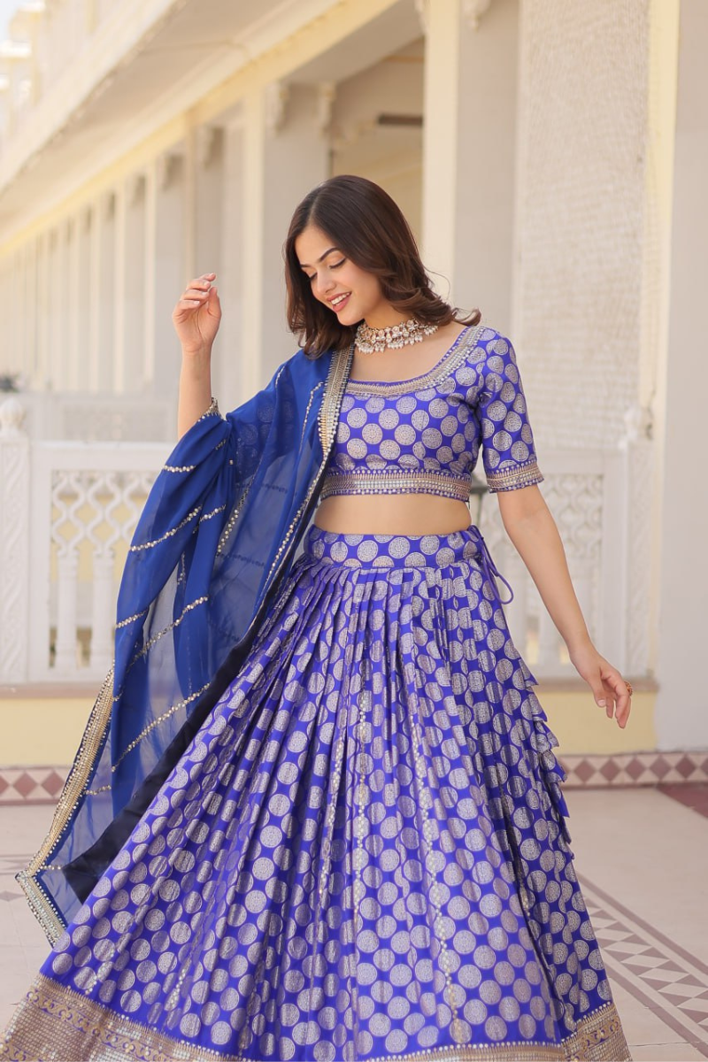 Dark Blue Lehanga Choli Dupatta Set with Pure Dyable Viscose Jacquard