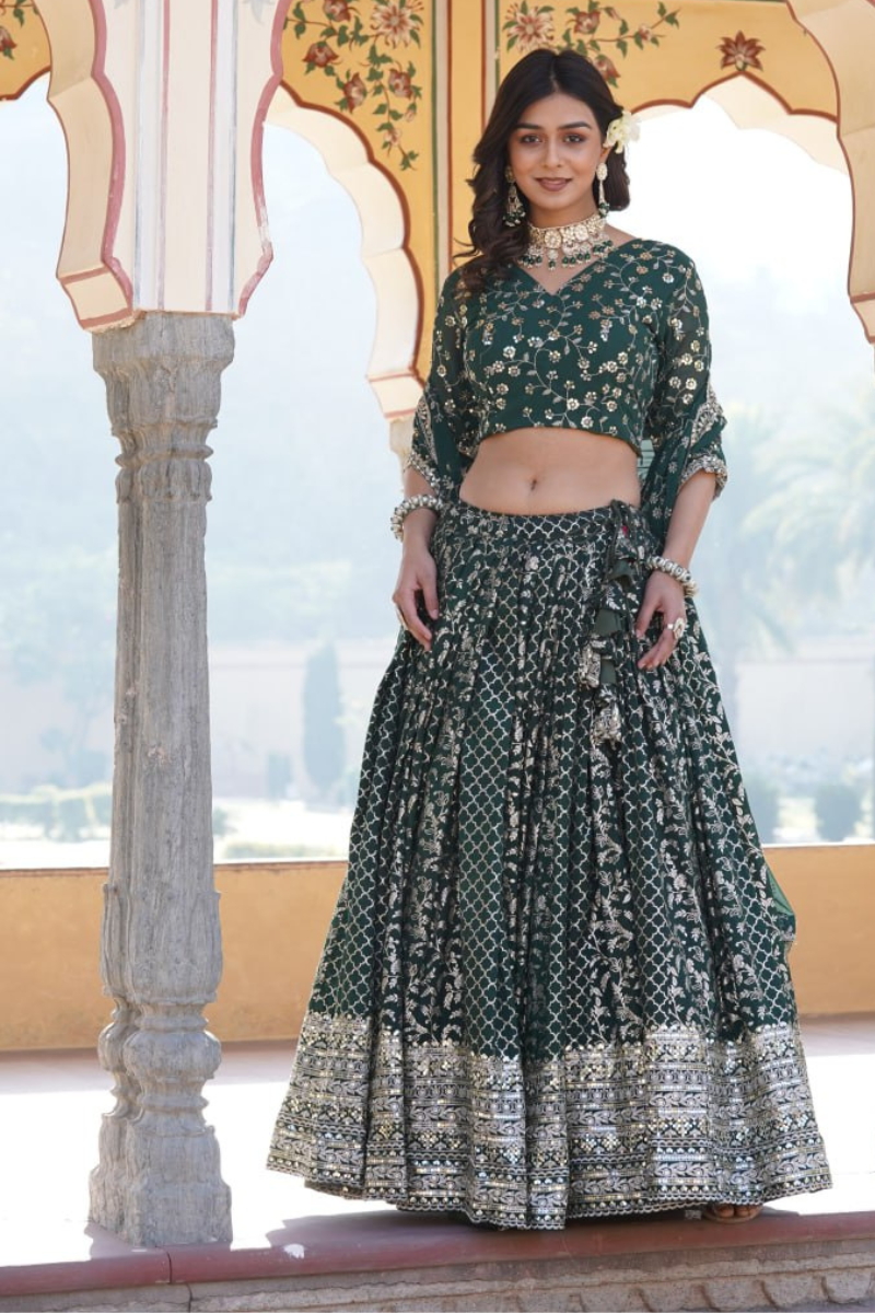 Embroidered Dark Green Lehanga Choli Dupatta Set Made of Pure Viscose