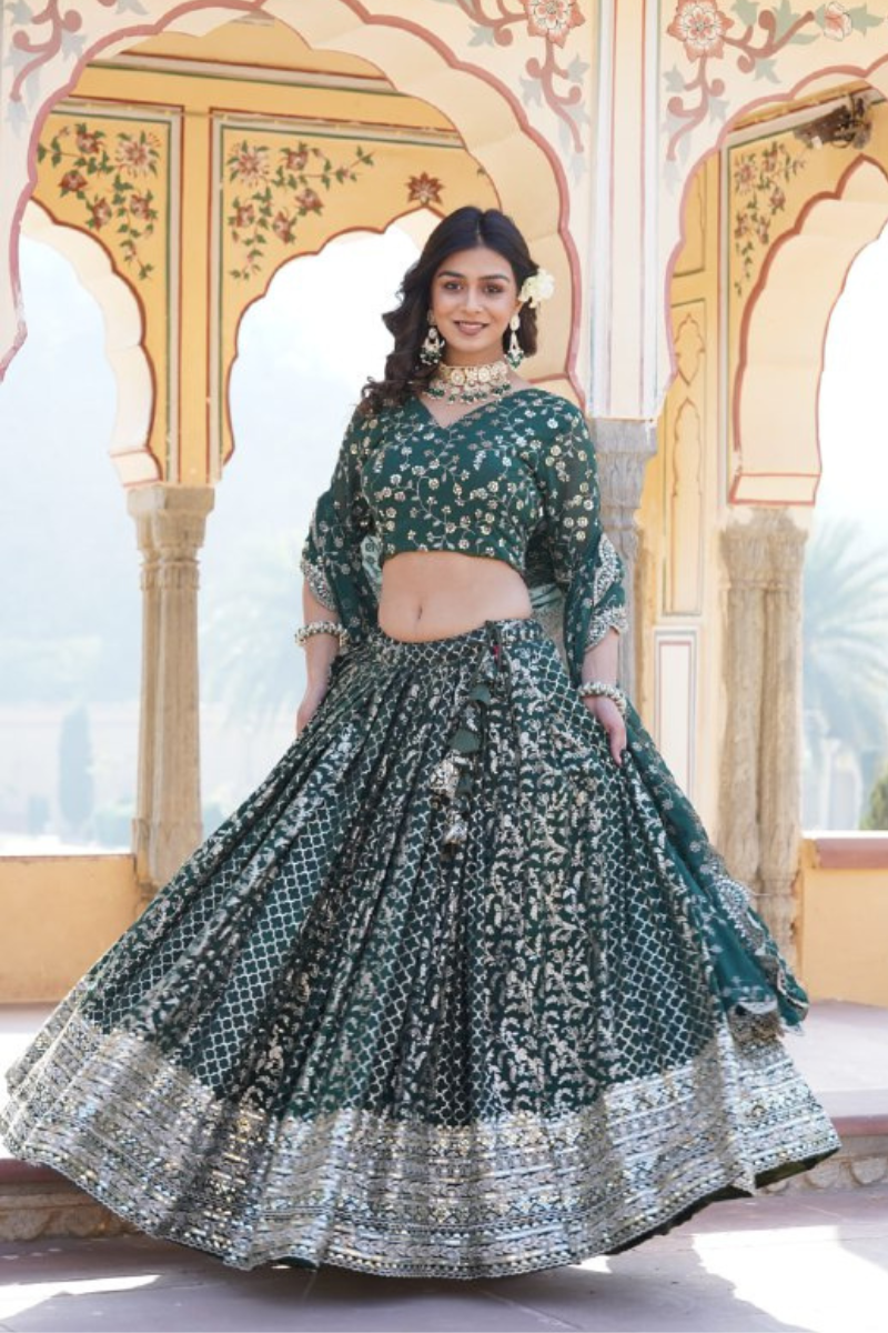 Embroidered Dark Green Lehanga Choli Dupatta Set Made of Pure Viscose