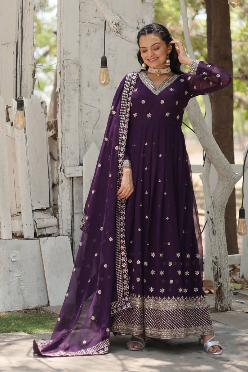 Faux Blooming Dark Purple Anarkali Gown with Dupatta Set