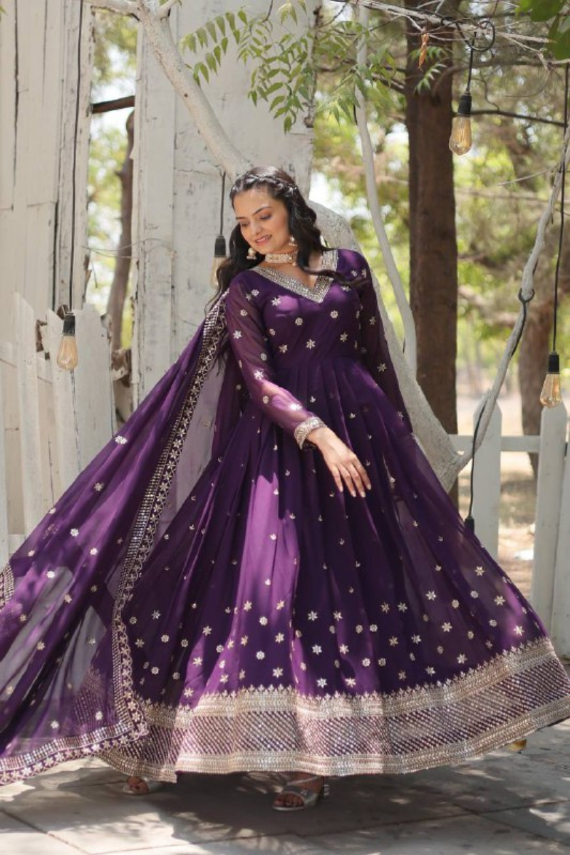 Faux Blooming Dark Purple Anarkali Gown with Dupatta Set