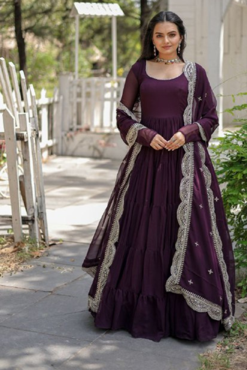 Full-flared, dark purple, faux-flowering gown with dupatta