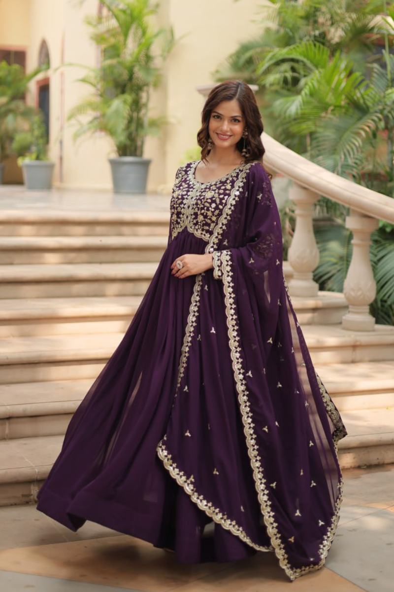 Faux Blooming Gown in Dark Purple with Zari Embroidered Dupatta