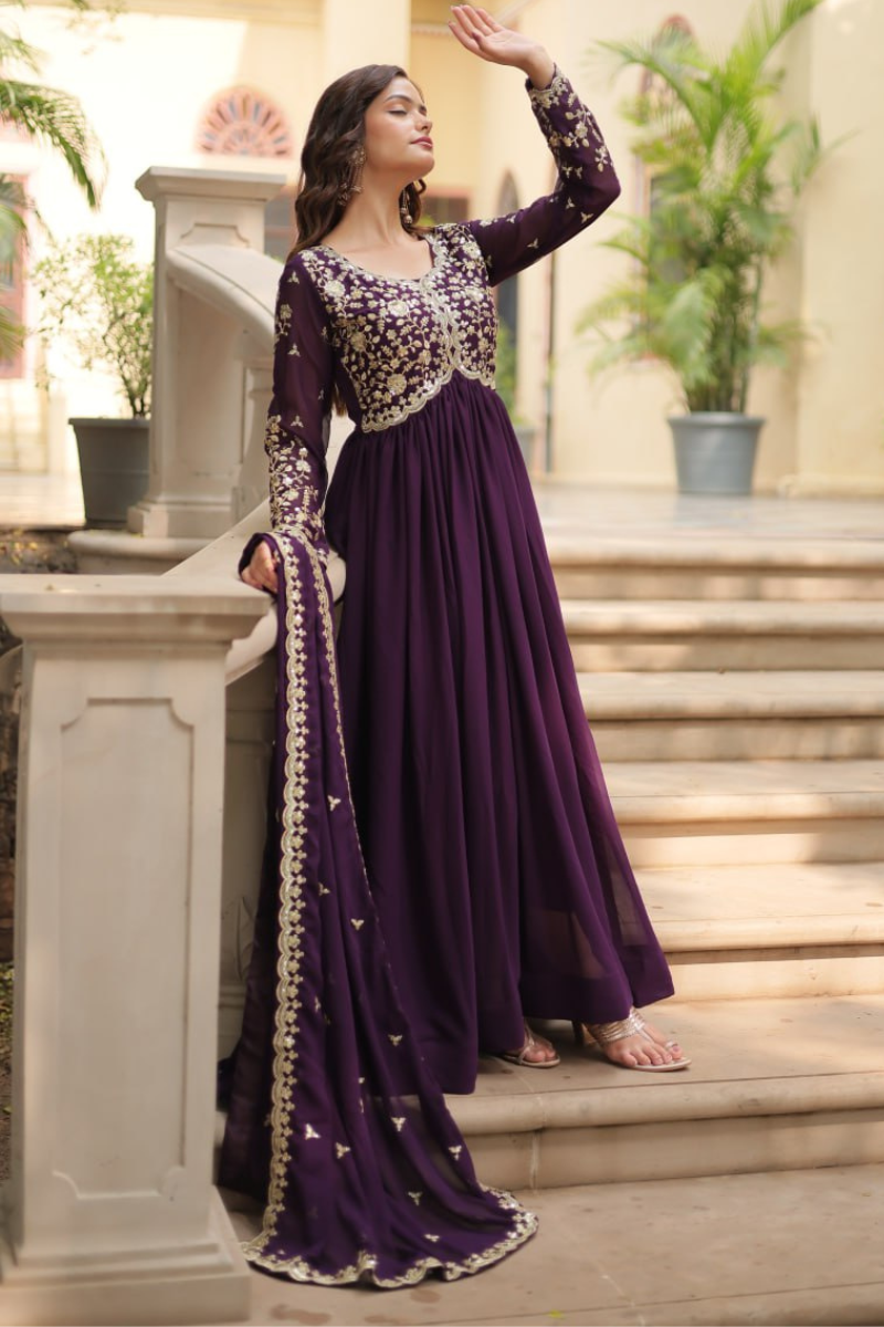 Faux Blooming Gown in Dark Purple with Zari Embroidered Dupatta