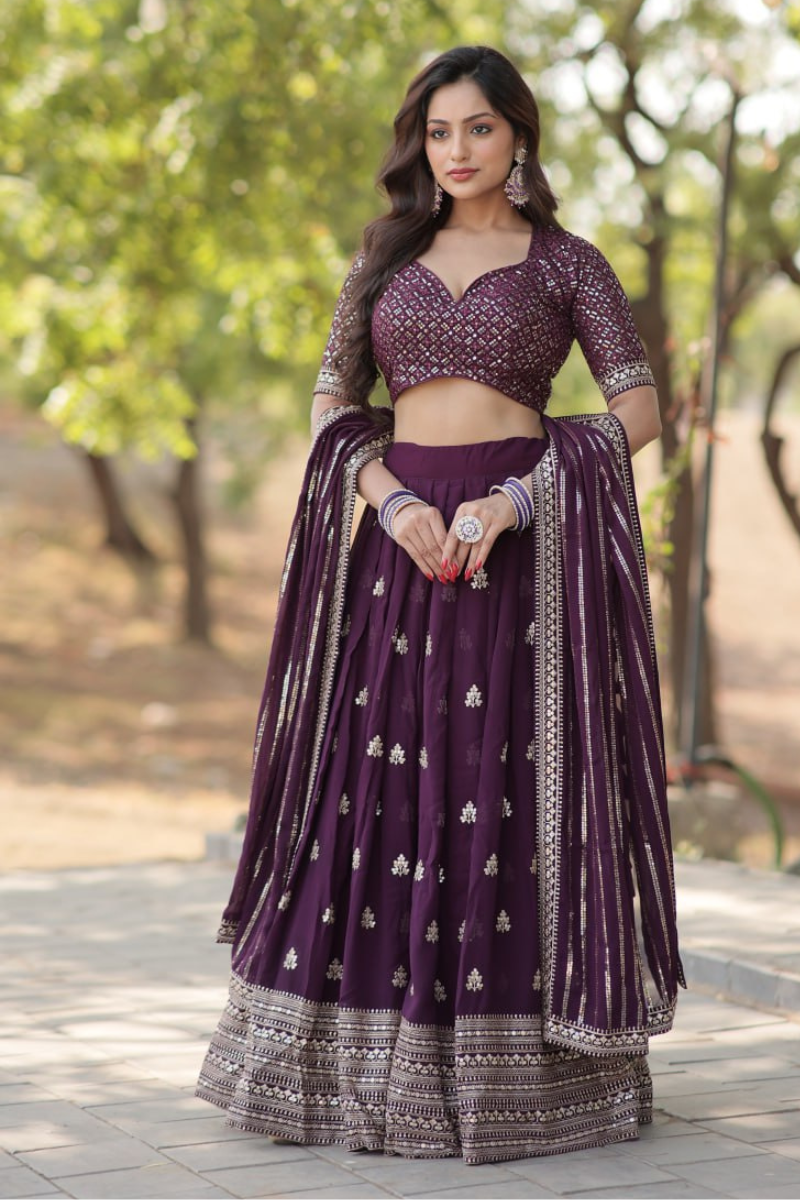 Lehanga Dupatta Set in Dark Purple Faux Blooming with Thick Sequins