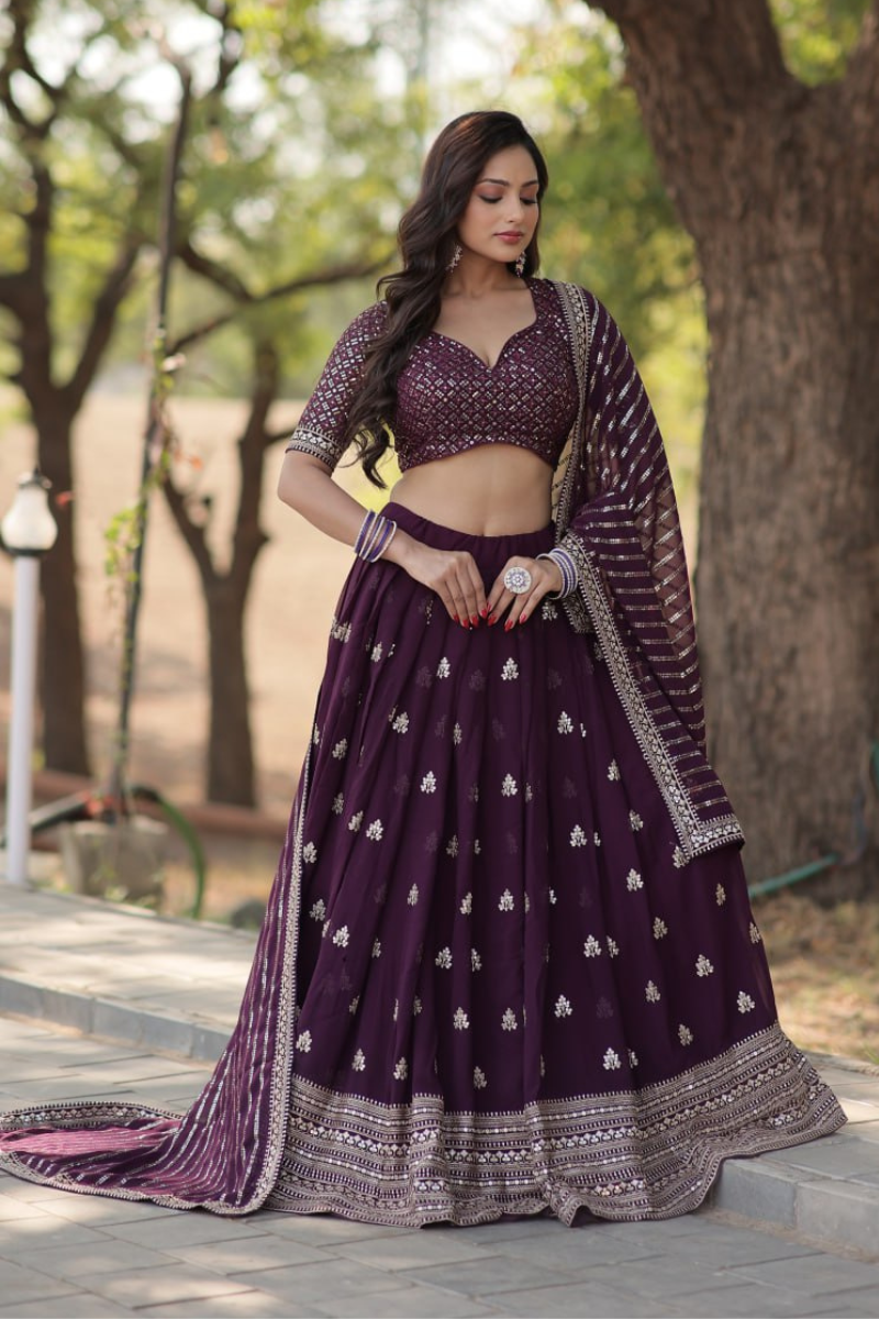 Lehanga Dupatta Set in Dark Purple Faux Blooming with Thick Sequins