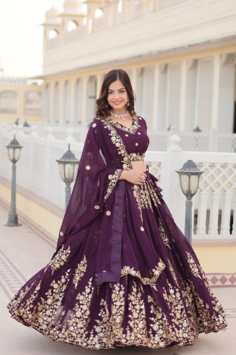 Faux Dark Purple Lehanga Choli Dupatta Set by Georgette