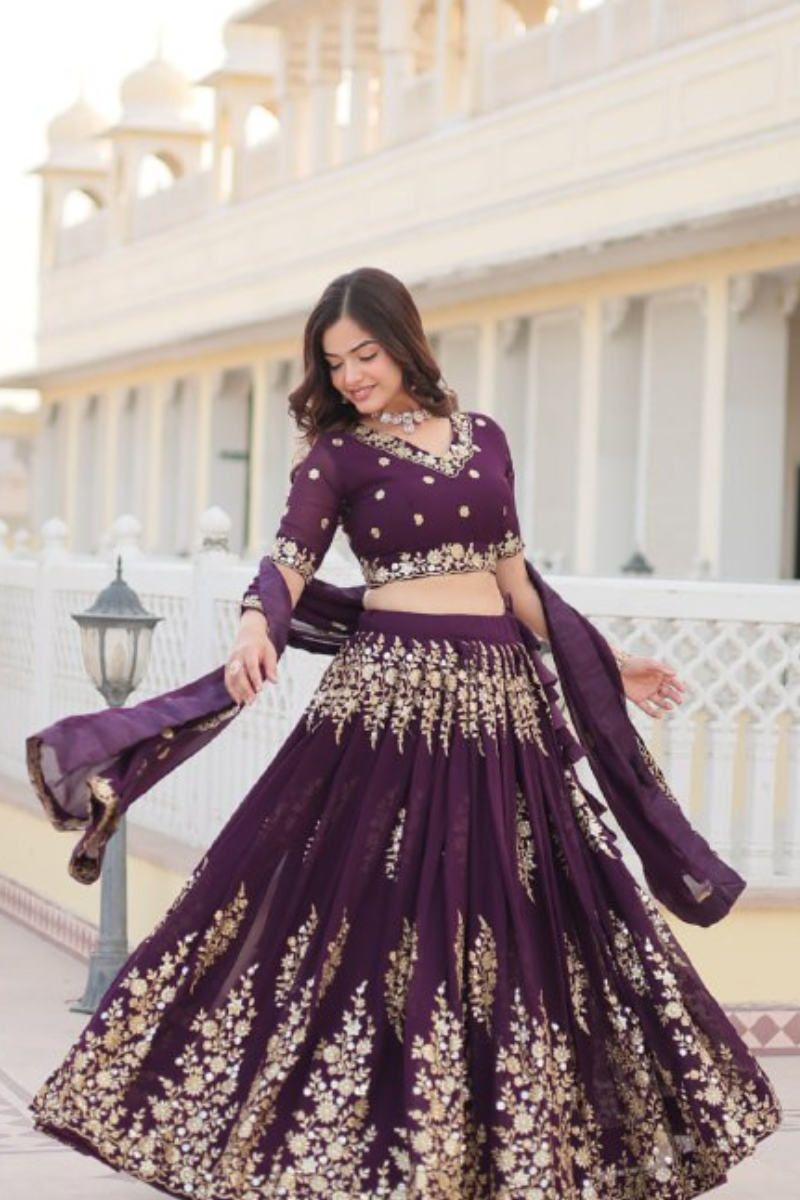 Faux Dark Purple Lehanga Choli Dupatta Set by Georgette