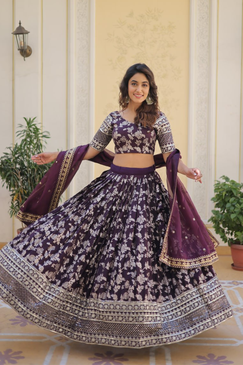 Jacquard Lehanga Choli Dupatta Set in Dark Purple Viscose