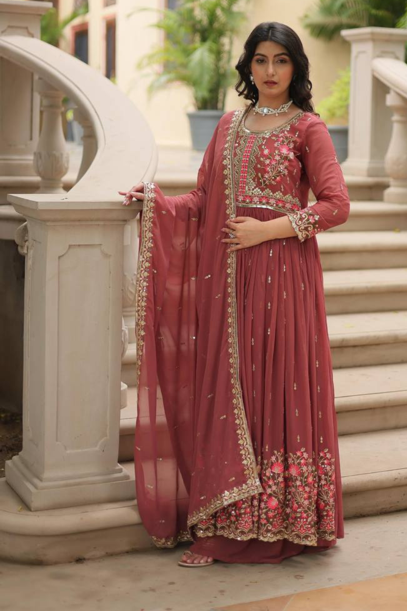 Faux Gajri Georgette Dress with Embroidered Dupatta