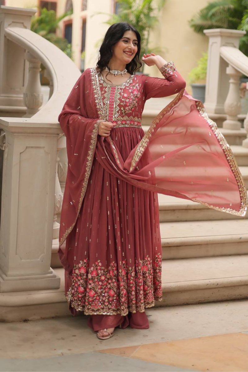 Faux Gajri Georgette Dress with Embroidered Dupatta
