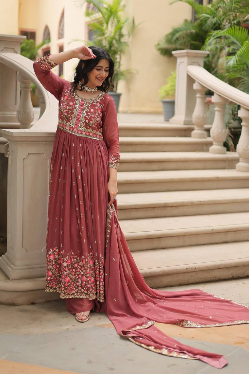 Faux Gajri Georgette Dress with Embroidered Dupatta