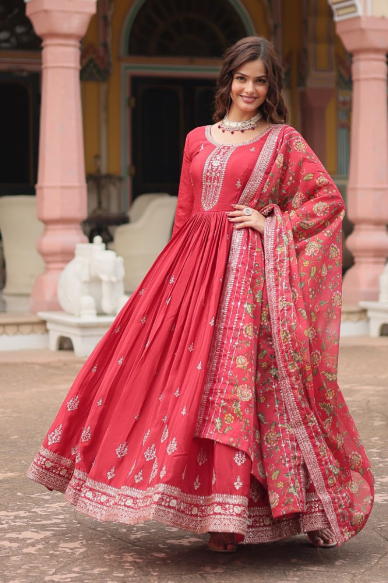 Printed Tebby Silk Gown with Dupatta by Gajri Kalamkari