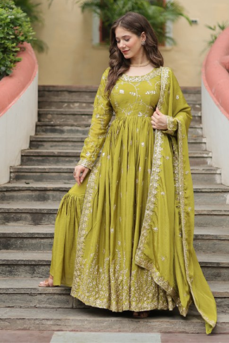 Richly Sequined Green Chinon Anarkali Gown with Dupatta