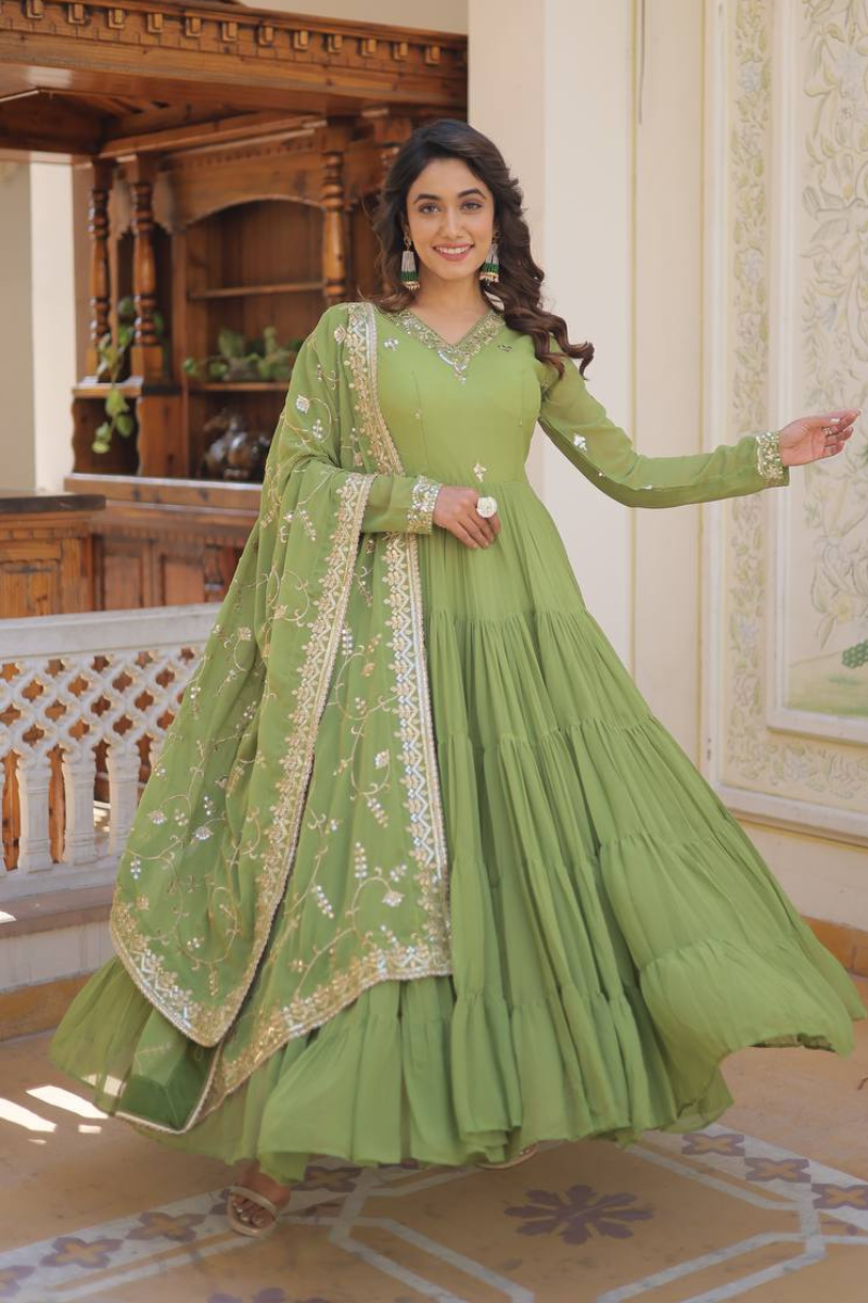 Green Faux Georgette Dress with Embroidered Dupatta