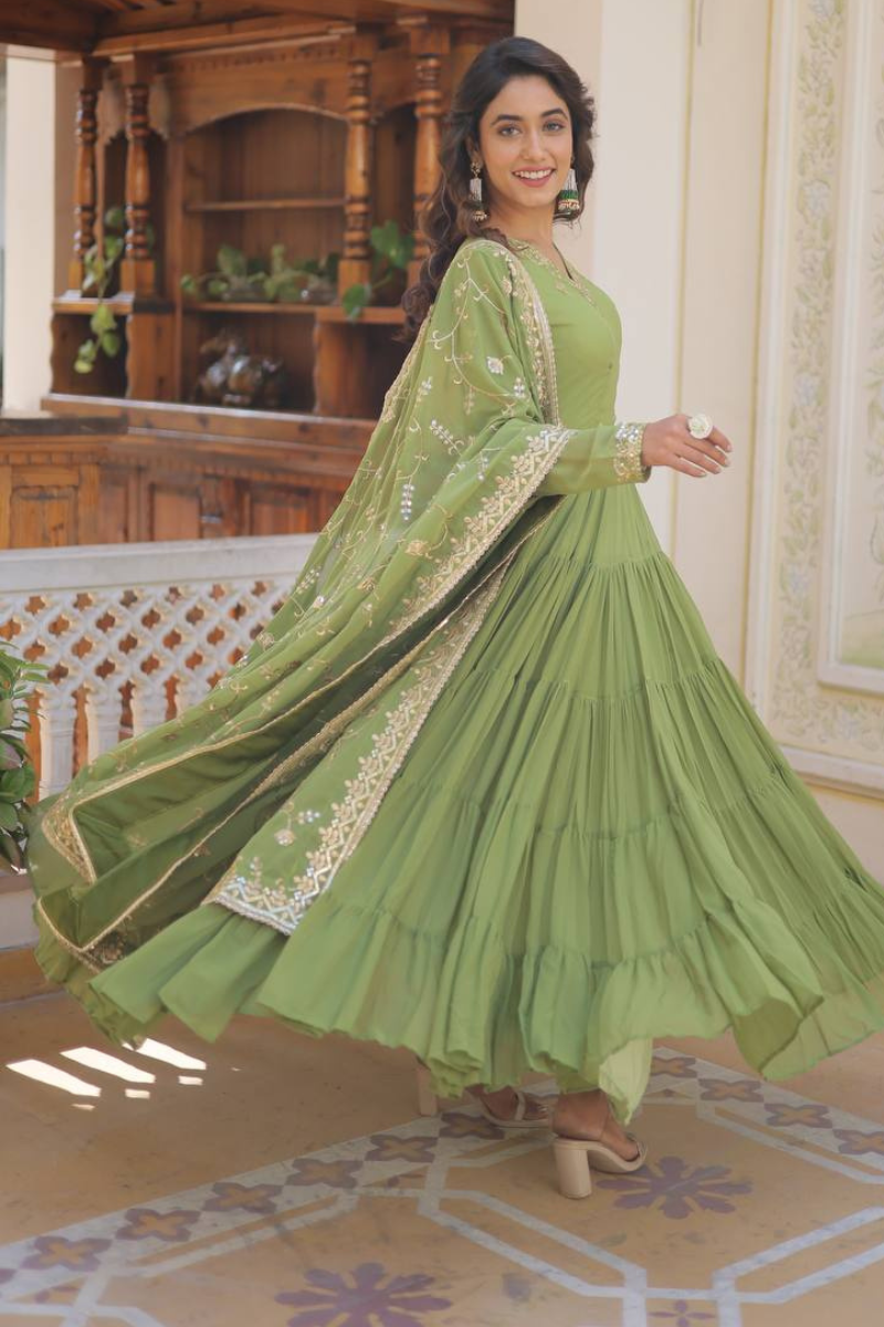 Green Faux Georgette Dress with Embroidered Dupatta