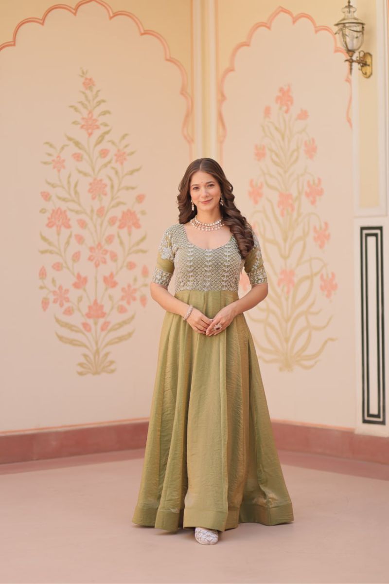 Green Fendy Gown with Embroidered Dupatta Suit Set.