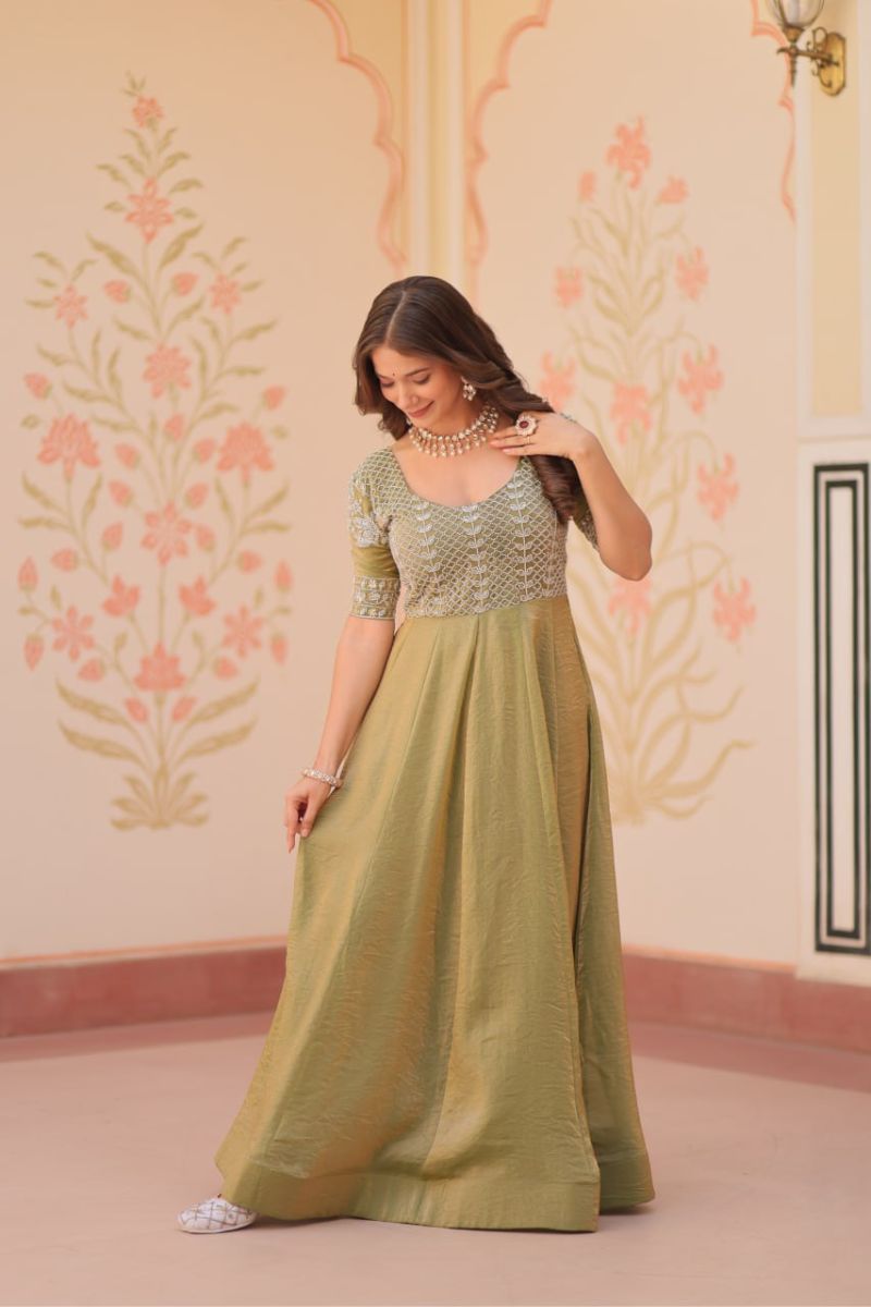 Green Fendy Gown with Embroidered Dupatta Suit Set.