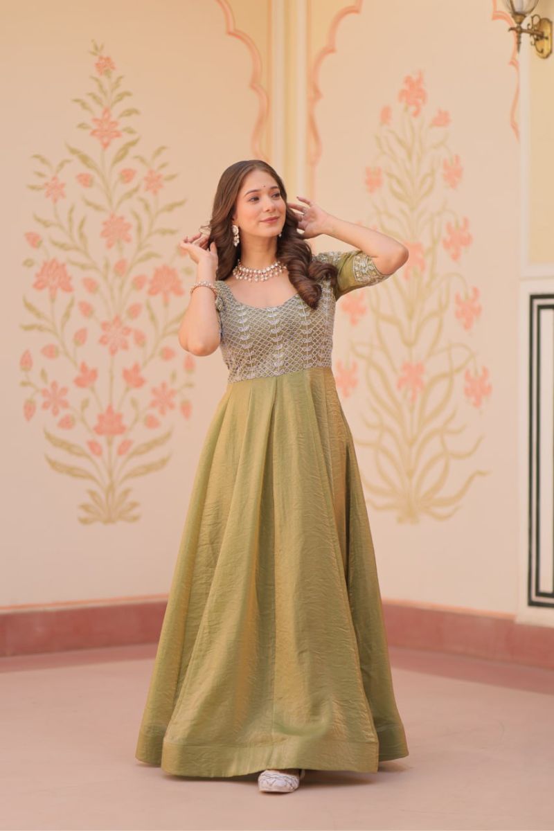 Green Fendy Gown with Embroidered Dupatta Suit Set.