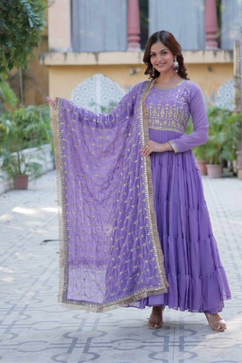 Lavender Star Georgette Dress with Embroidered Dupatta