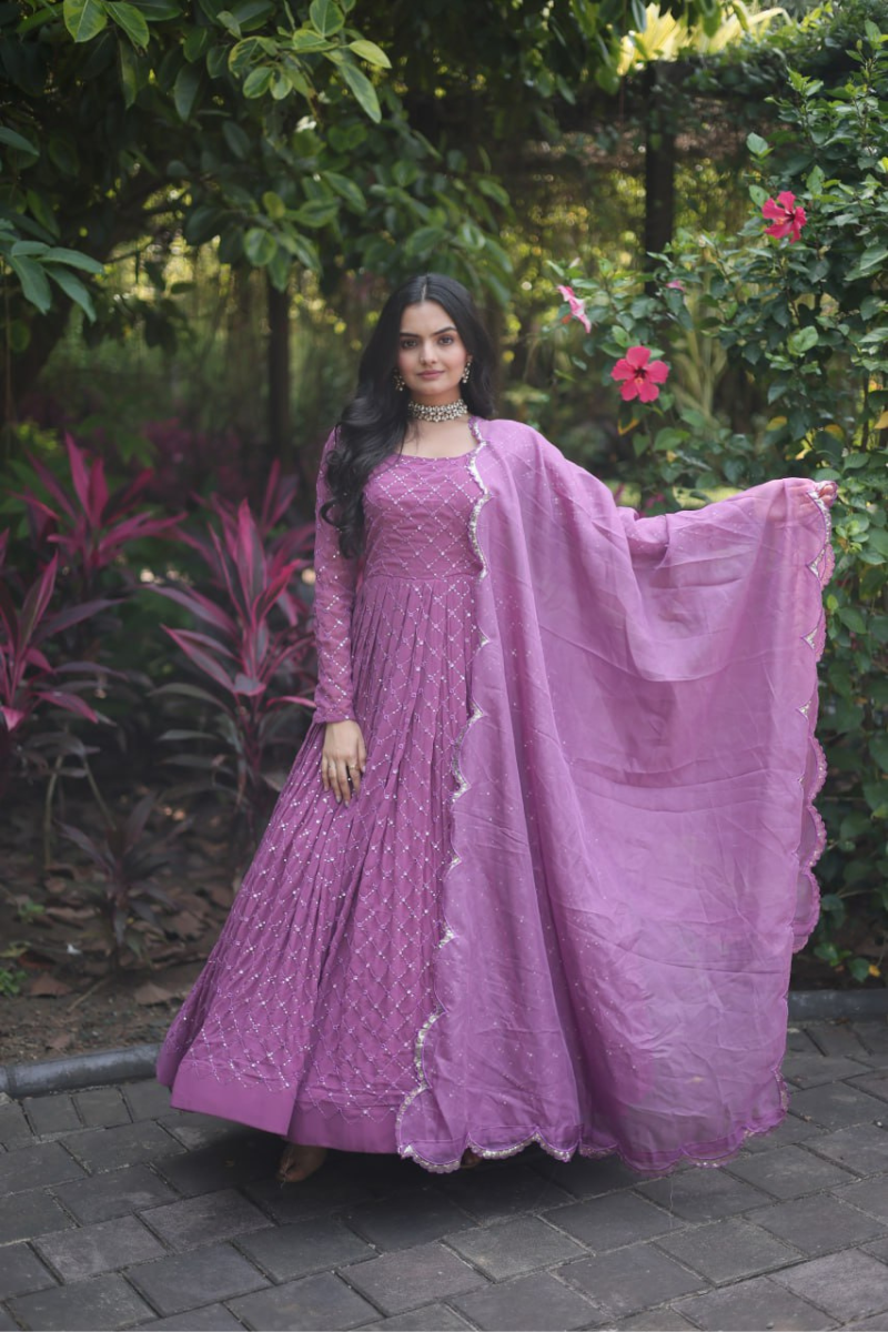 Lavender Faux Georgette Dress with Embroidered Dupatta
