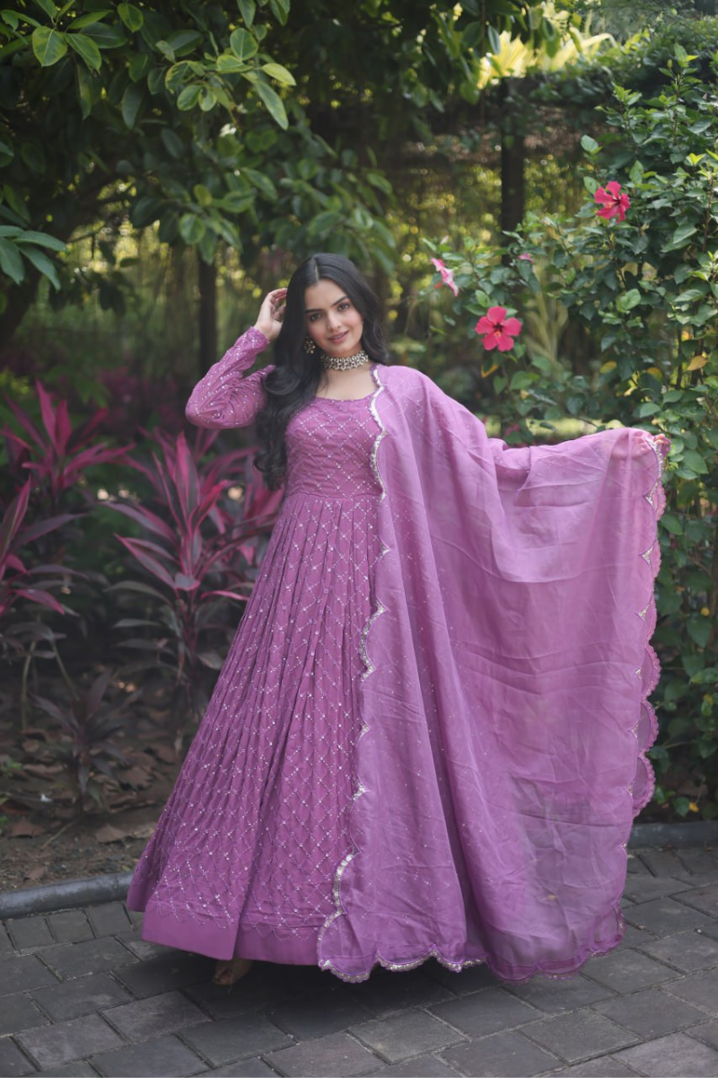 Lavender Faux Georgette Dress with Embroidered Dupatta