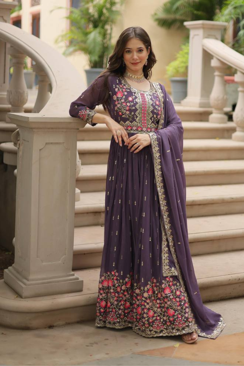 Faux Lavender Georgette Dress with Embroidered Dupatta