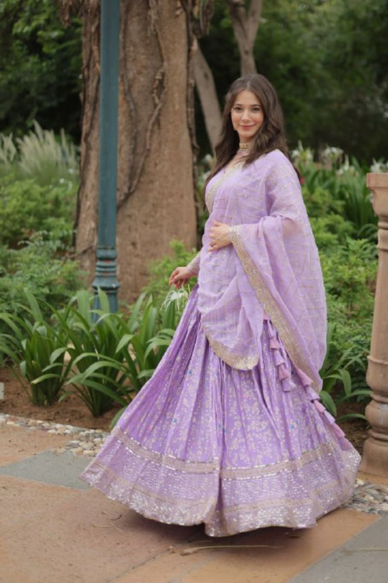 Lavender Choli Dupatta Set with Pure Dyable Viscose Jacquard Lehanga