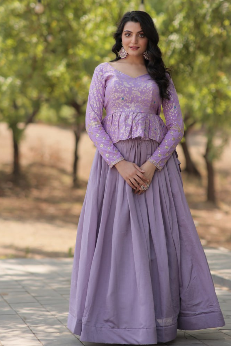 Lavender Glow Embroidered Vichitra Lehanga Top Set