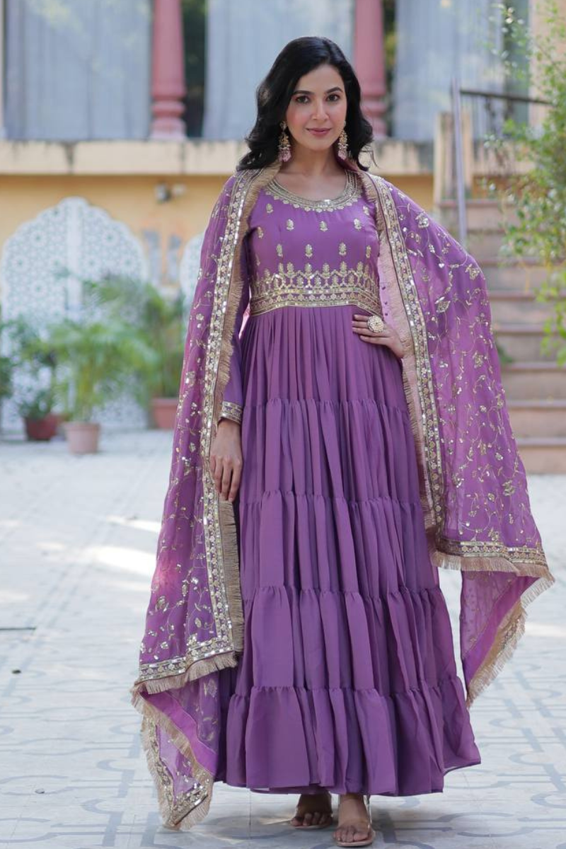 Georgette gown with embroidered dupatta in lavender star design
