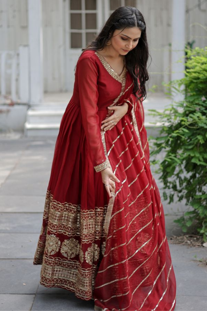 Faux Blooming Anarkali Gown in Maroon with Embroidered Dupatta