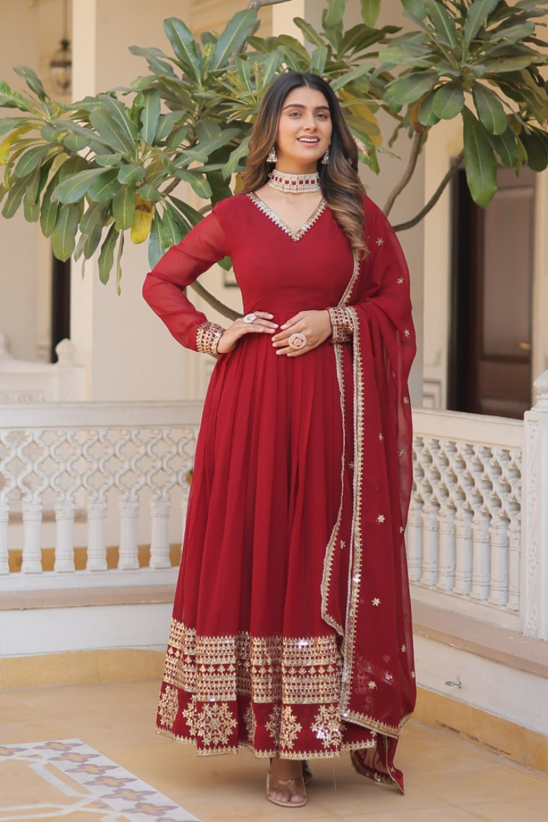 Faux Blooming Georgette Gown in Maroon with Embroidered Dupatta